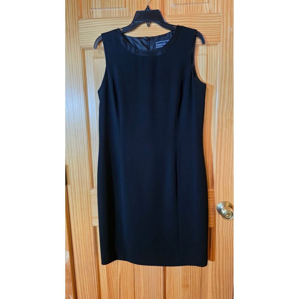 Laura Scott Black Sleeveless Sheath Dress Satin Trim Neckline Size 12